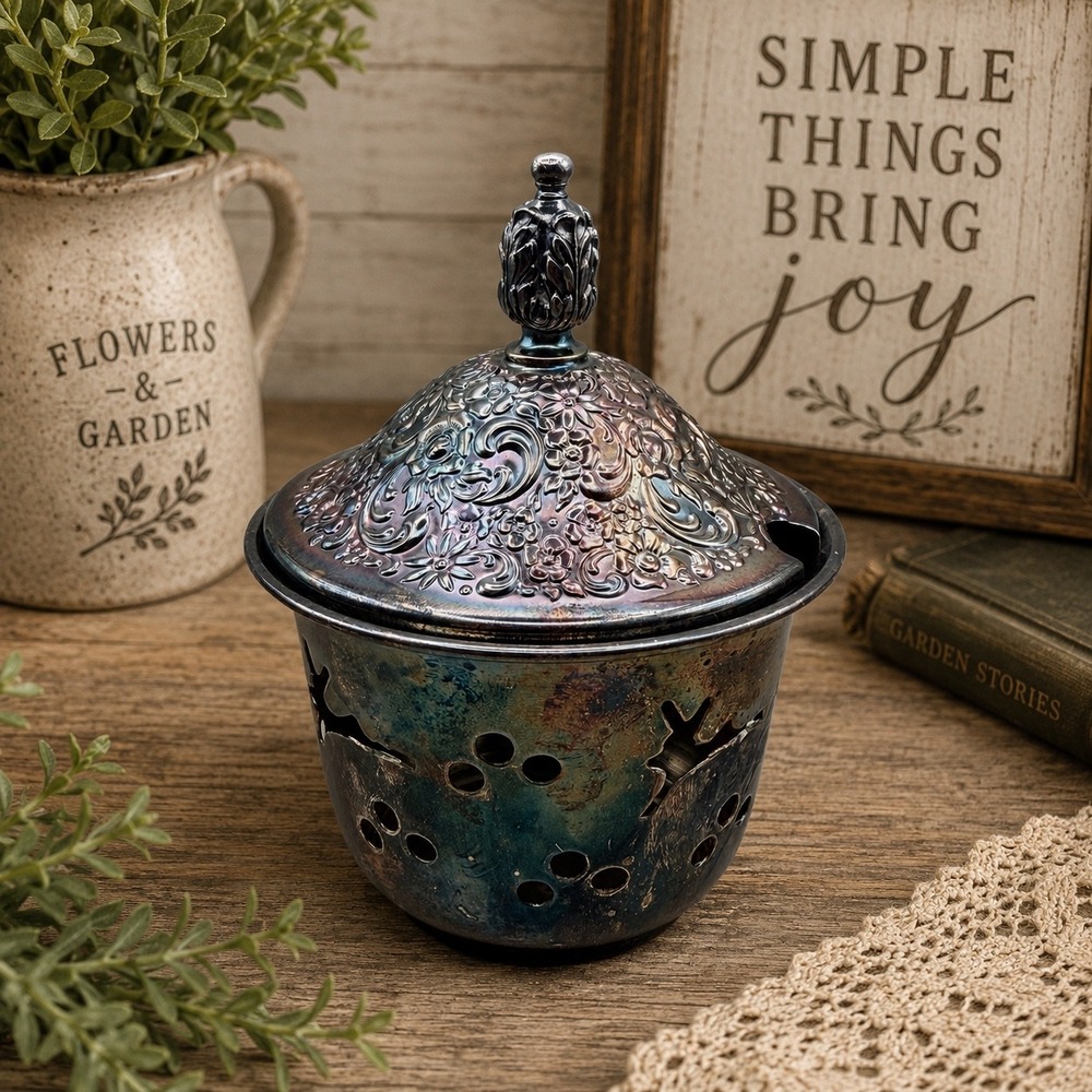 Foreside Iridescent Floral Metal Canister Jar with Lid Oil Slick Patina India